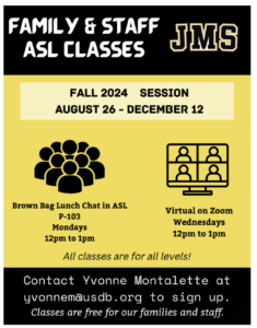 ASL fall. August 26 to December 12. email yvonnem@usdb.org to register.